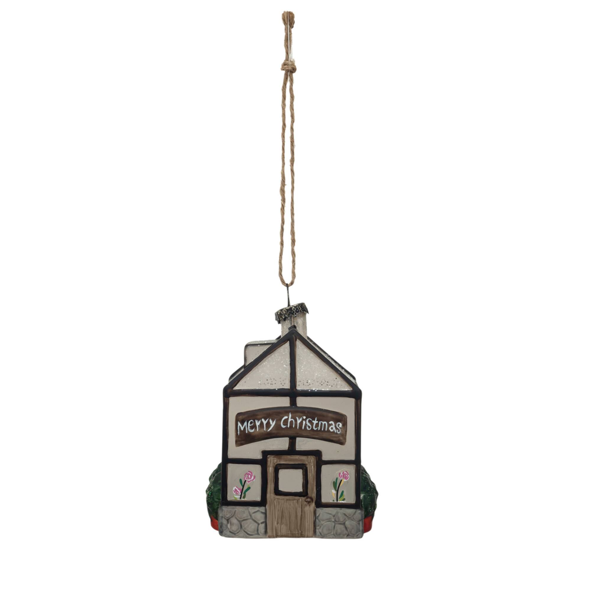 Hello Honey® 4" Hand-Painted Glass Greenhouse Ornament with Glitter Merry Christmas